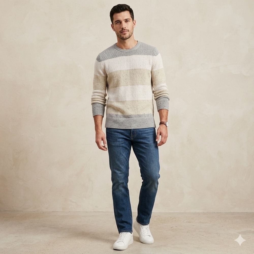 Banana Republic Mens Striped Wool Blend Crew Neck Sweater Gray Tan Medium